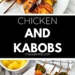 Grilled BBQ Chicken kabobs with bell peppers and onions on skewers, served on a white plate beside a bowl of pineapple chunks.