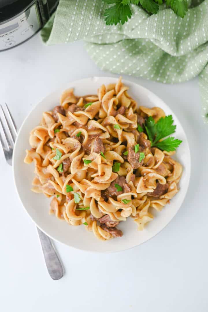 A white plate of beef and noodles in a creamy stroganoff sauce served over egg noodles and garnished with fresh parsley.