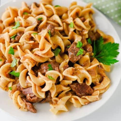 Beef stroganoff with egg noodles on a white plate, garnished with parsley; a classic dish of slow cooker beef.