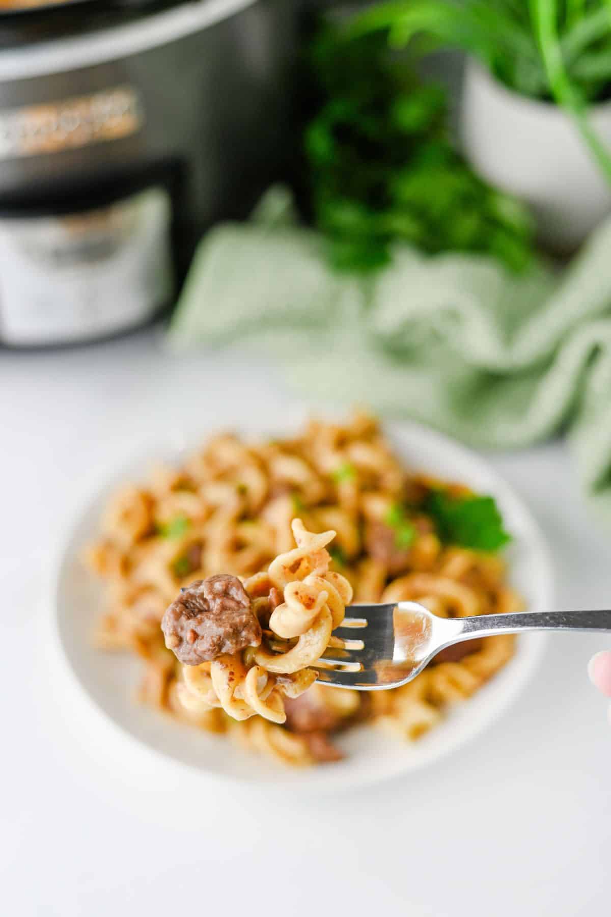 A fork holds a bite of crock pot beef and rotini pasta, with a full plate of the same beef and noodles in the background.