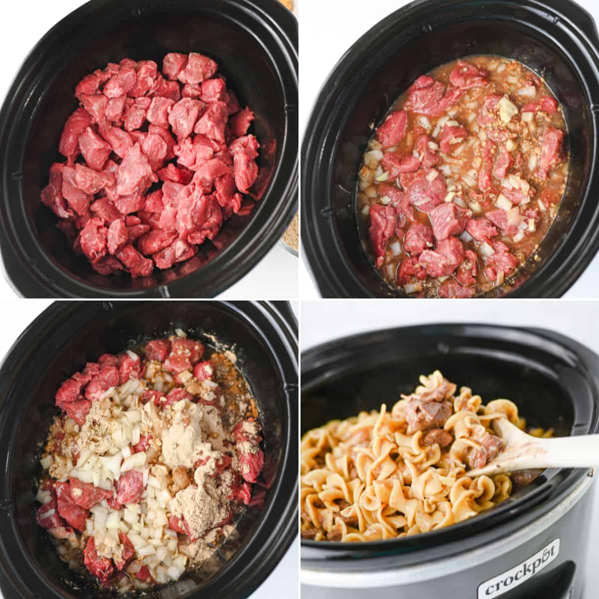 Four photos showing steps for cooking beef and noodles in a slow cooker: raw beef cubes, beef with onions and broth, adding seasonings, and the finished crock pot beef mixed with egg noodles.