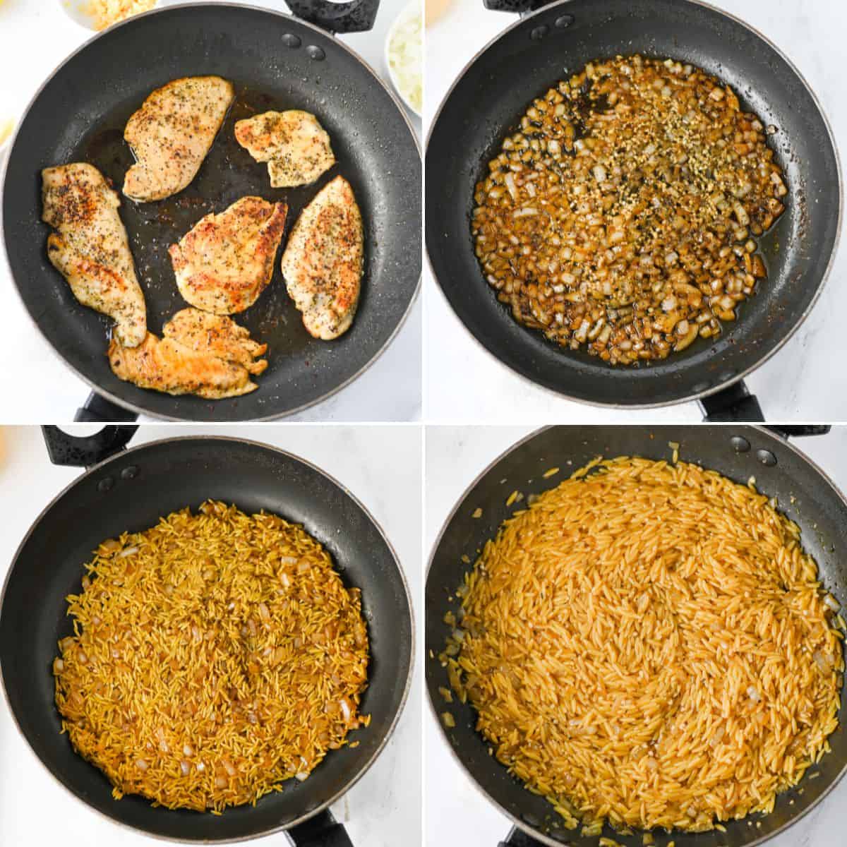 A four-step process showing chicken searing in a pan, followed by sautéed onions and spices, toasted orzo, and finally the finished lemon chicken orzo dish.
