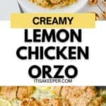 Sliced lemon chicken breast served over creamy orzo with spinach and lemon slices.